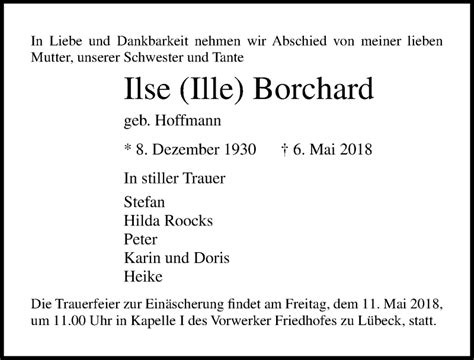 Traueranzeigen Von Ilse Borchard Trauer Anzeigen De