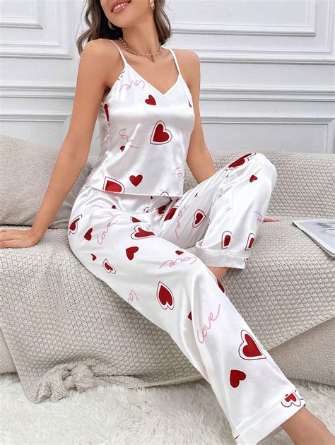 Conjunto De Pijama Pijama De Satén Con Estampado De Corazón Mode De