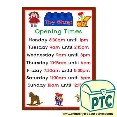 Toy Shop Role Play Opening Times Sign Quarter Half Past Primary