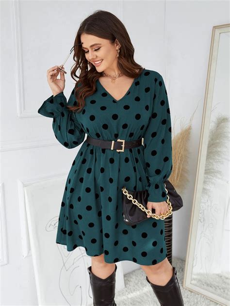 Plus Polka Dot Flounce Sleeve Dress Without Belt Plus Size Long