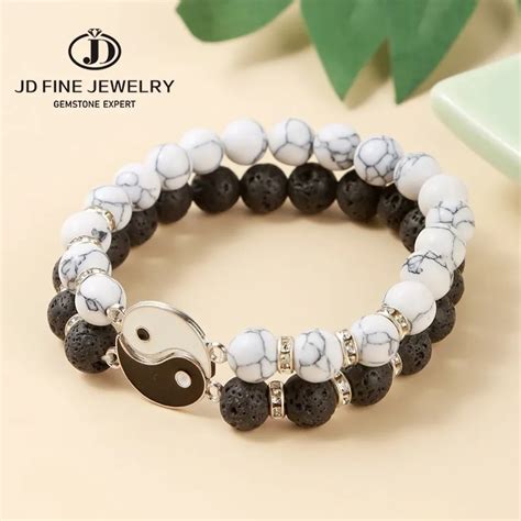 Jd Natural Volcanic Lava Stone Tai Chi Yin Yang Couple Bracelets Women