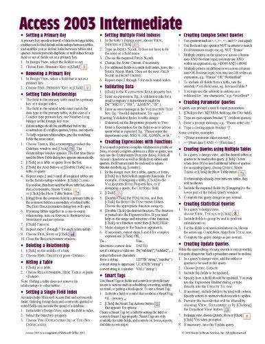 Microsoft Access 2003 Intermediate Quick Reference Guide Cheat Sheet