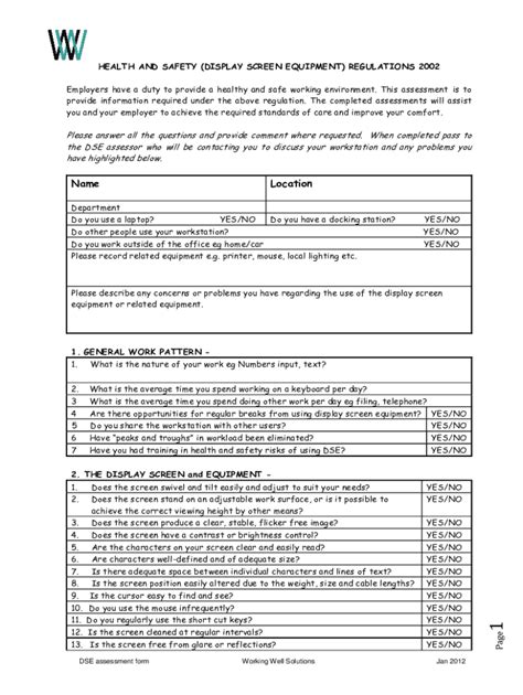 Fillable Online DSE Assessment Form Working Well Solutions Health