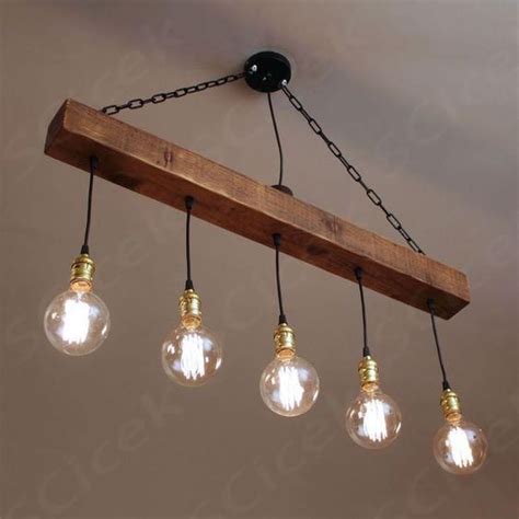 Handmade Rustic Wooden Chandelier Wood Beam Industrial Pendant Lamp