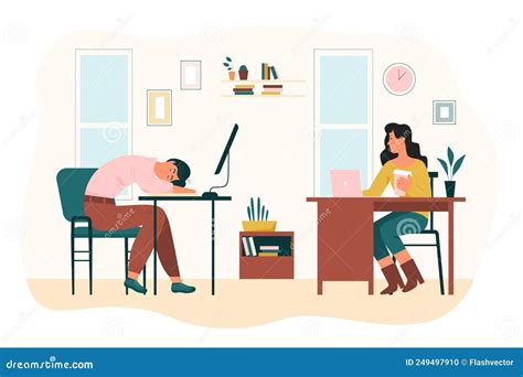 Tired Employee Sleeping At Workplace Girl Sitting At Computer After