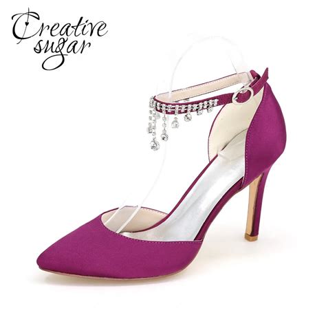 Buy Creativesugar Pointed Toe Satin Dress Shoes With Crystal Tassel Ankle Strap