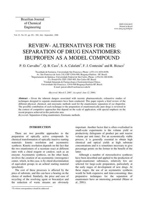 (PDF) Review - Alternatives for the separation of drug enantiomers ...