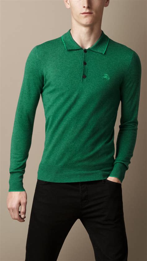 Burberry Long Sleeve Merino Wool Polo Shirt In Bright Forest Green