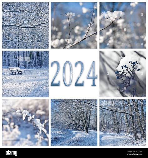 2024, snow and winter landscapes, new year square greeting card Stock ...