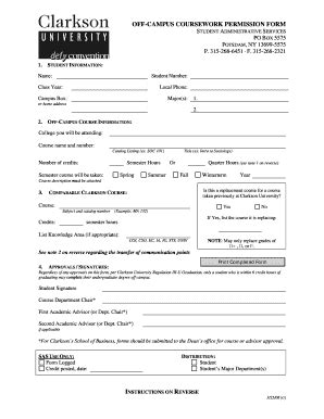 2008 Clarkson University Undergraduate Off Campus Permission Form Fill