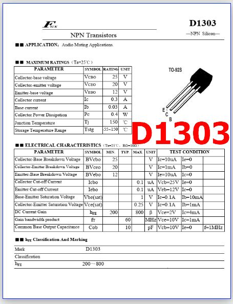 D1303 PDF 20V 0 3A NPN Transistor TO 92S