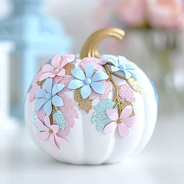 A White Pumpkin Decorated With Glitter On Blue And Pink Color Blur