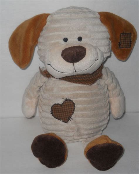 Dan Dee Beige Corduroy Puppy Dog Plush Stuffed Brown Plaid Patch Heart