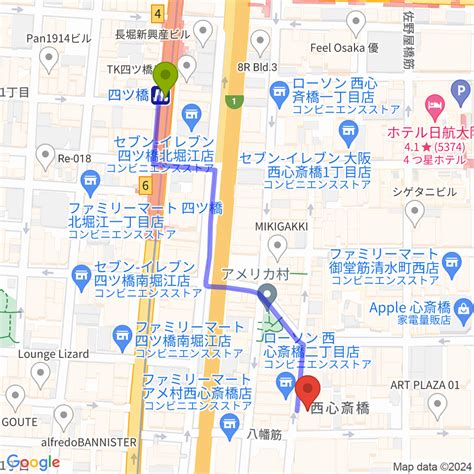 心斎橋animaの最寄駅四ツ橋駅からの徒歩ルート（約6分） Mdata