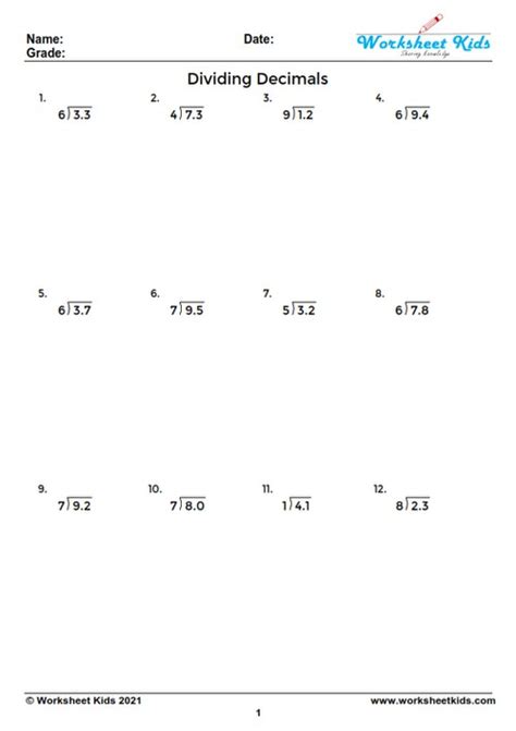 Dividing Decimals Worksheet For 5th And 6th Grade Free Printable Pdf