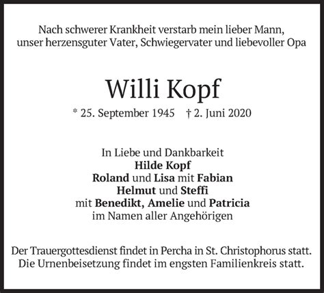 Traueranzeigen Von Willi Kopf Trauer Merkur De