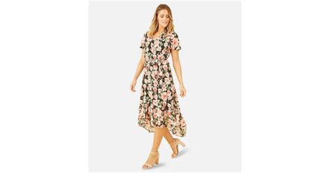 Mela Black Floral Belted Dip Hem Midi Wrap Dress New Look