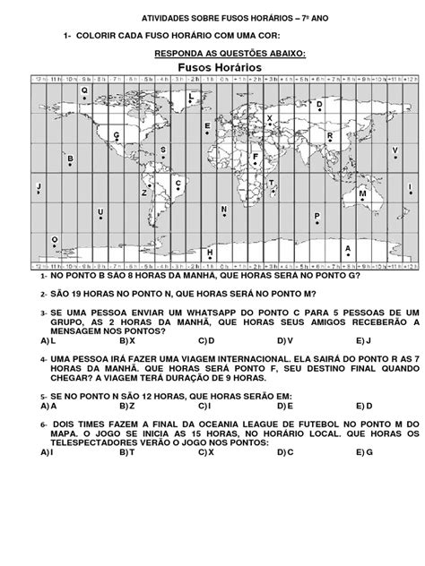 Exercícios Sobre Fusos Horários 7o Ano - Atividades sobre Fusos Horários - 7º Ano | PDF
