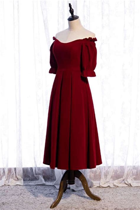 Burgundy Off The Shoulder Tea Length Formal Dress With Sleeves Joyofdress