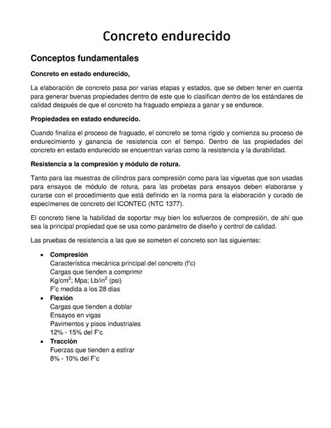 El Concreto En Su Estado Endurecido Concreto Endurecido Conceptos