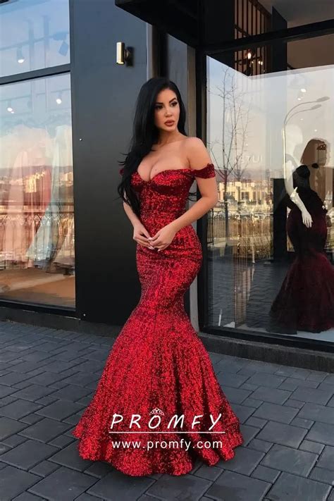 Sparkly Bright Red Sequin Off The Shoulder Mermaid Long Formal Dress