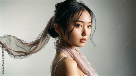 Elegant Asian Lingerie Model Posing In High Key Studio Setting Holding Sheer Chiffon Scarf