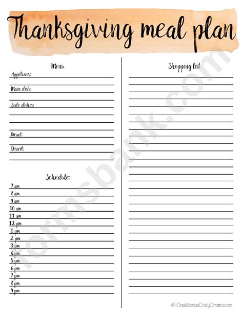 Thanksgiving Meal Plan Printable Pdf Download