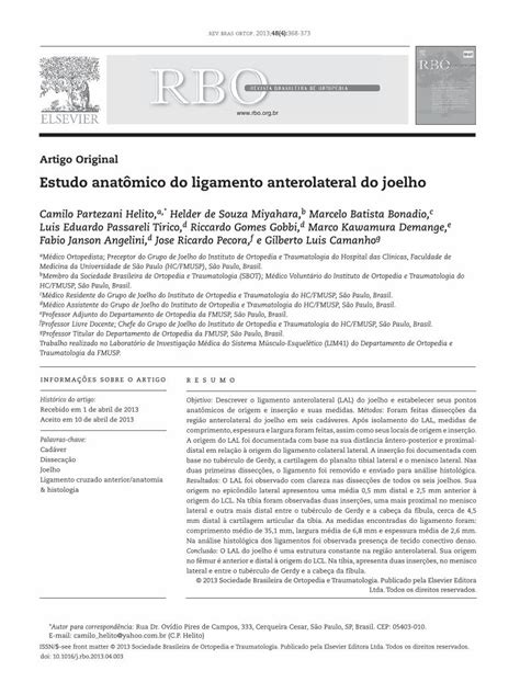 PDF Estudo anatômico do ligamento anterolateral do joelho