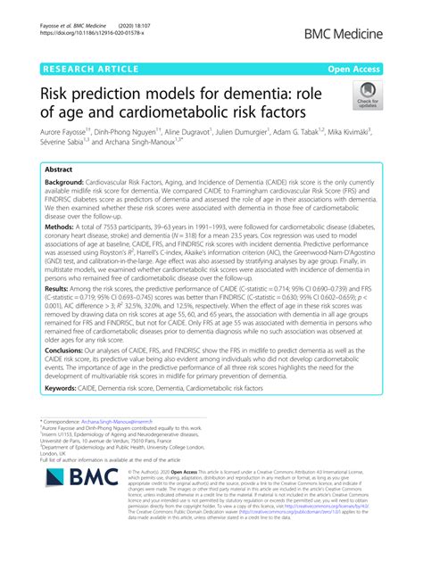 Pdf Risk Prediction Models For Dementia Role Of Age And