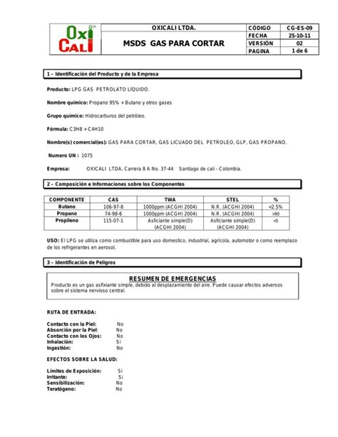 Msds Gas Para Cortar