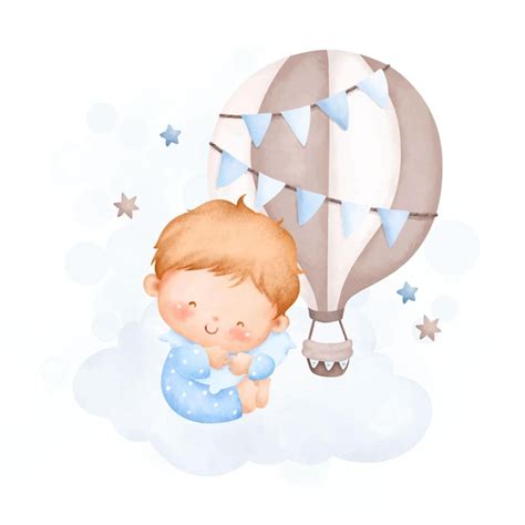 Premium Vector Watercolor Illustration Baby Boy Sits On Cloud With