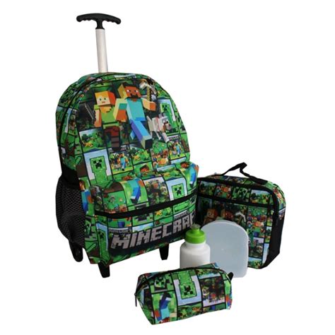 Kit Mochila Minecraft Escolar Lancheira Estojo Con Rodinha Pote