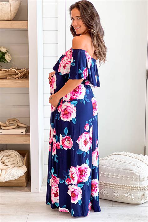 Navy Floral Off Shoulder Maternity Maxi Dress Saved By The Dress Saved By The Dress