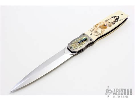 Nude Scrimshawed Linerlock Auto Arizona Custom Knives