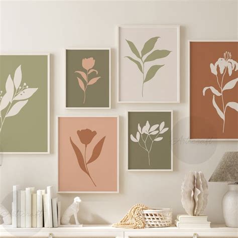 Minimal Botanical Print Set Of 6 Abstract Flower Market Green Etsy