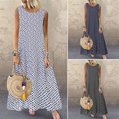 Zanzea Women Sleeveless Long Maxi Dress Polka Dot Summer Tank Dress