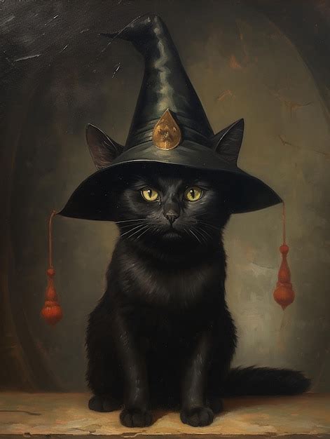 Premium Photo Painting Of A Black Cat Wearing A Witch Hat And A Red