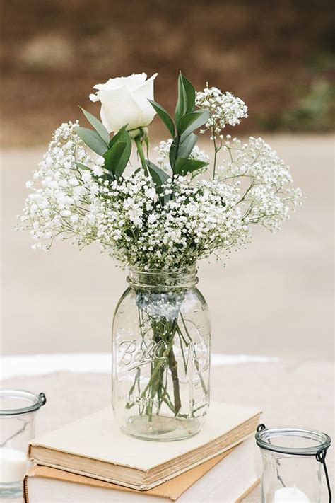 Baby S Breath And Roses In A Mason Jara Simple Affordable Wedding