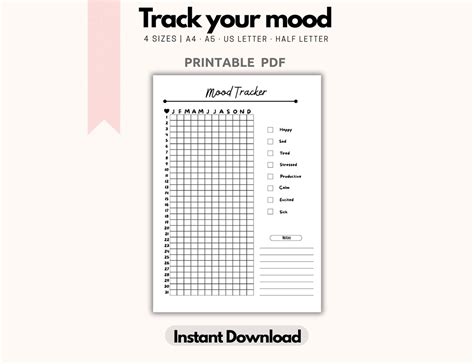 mood tracker journal page template instant   sizes etsy