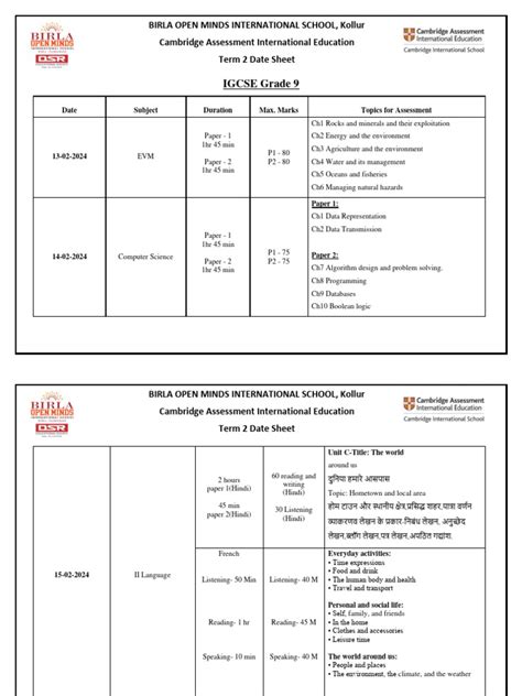 Igcse Grade 9 Term 2 Assessment Date Sheet Pdf Chemistry