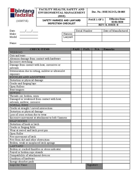 HSE - Safety Harness & Lanyard Inspection Checklist (Rev0) | PDF