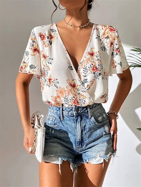 Floral Print Surplice Neck Butterfly Sleeve Bodysuit Comfy Jumpsuits