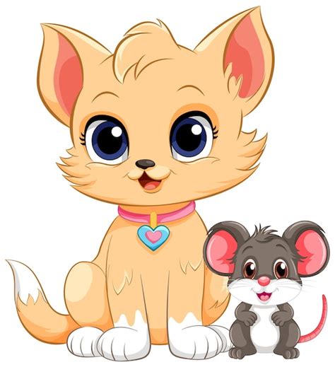 Lindo gato con ratón en estilo de dibujos animados Vector Gratis