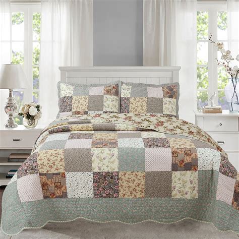 Country Floral Chic Scalloped Real Patchwork Cotton 3-Piece Quilt Bedd ...