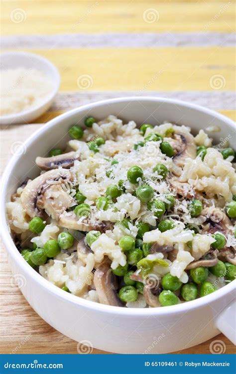 Risotto with Peas Mushrooms and Parmesan Stock Image - Image of dinner ...