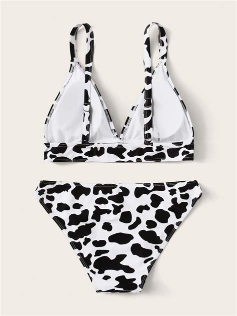 Cow Print Triangle Bikini Swimsuit ROMWE