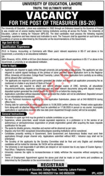 University Of Education Lahore Jobs 2020 For Treasurer 2023 Job