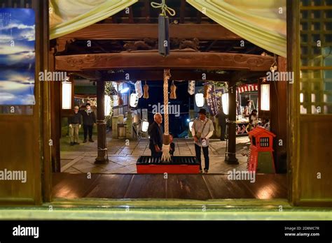 View from Shinto shrine in Kyoto. Shinto followers are gathering in front of shinto shrine ...