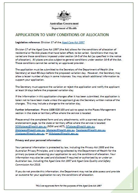 Application To Vary Conditions Of Allocation Australian Government