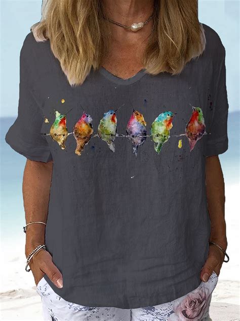 Women Casual Bird Crew Neck Loose Short Sleeve Summer Linen T Shirt